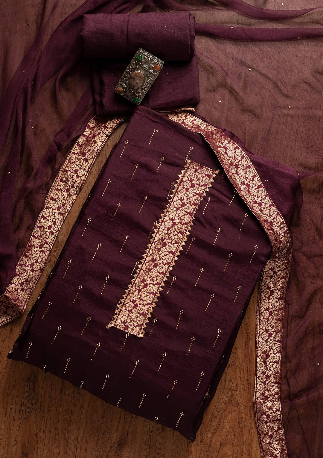 Wine Swarovski Satin Designer Unstitched Salwar Suit - koskii