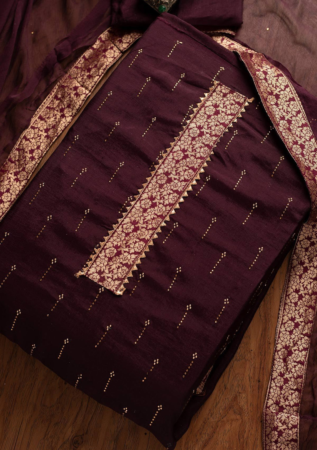 Wine Swarovski Satin Designer Unstitched Salwar Suit - koskii