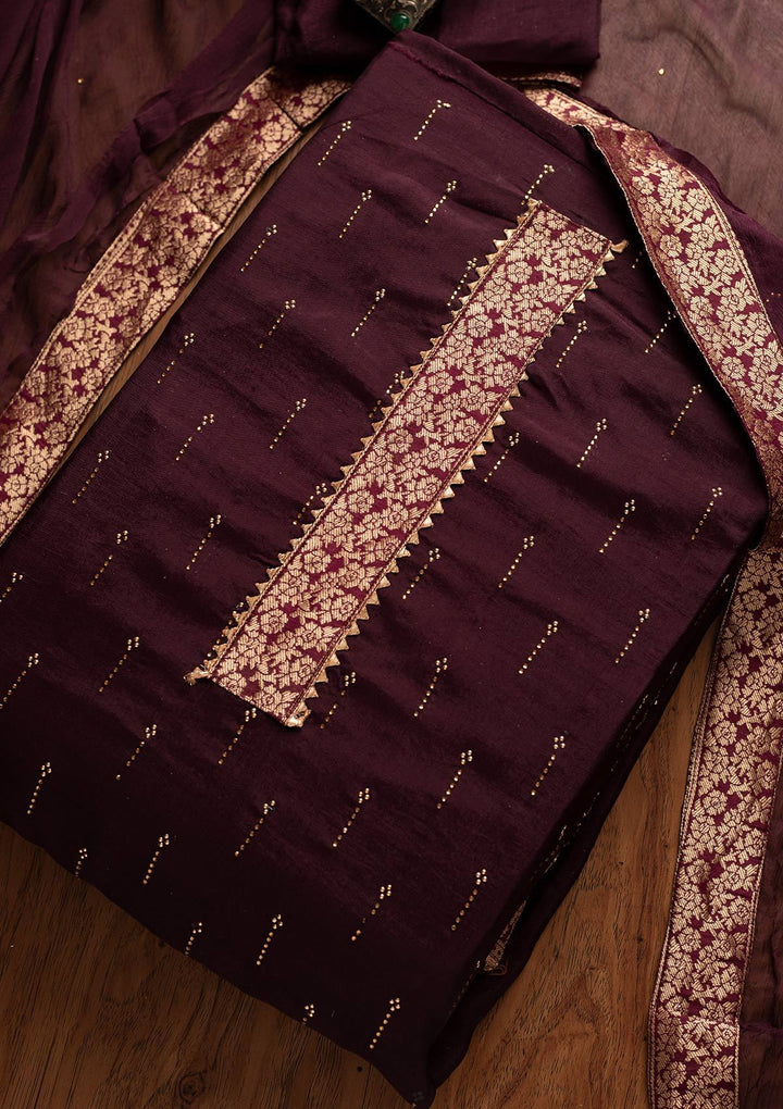 Wine Swarovski Satin Designer Unstitched Salwar Suit - koskii