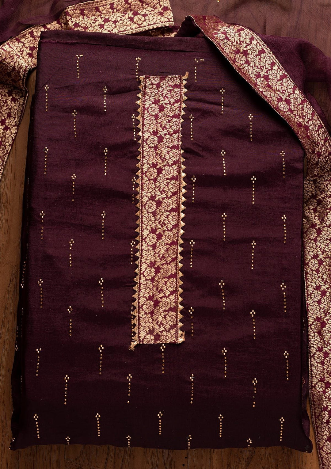 Wine Swarovski Satin Designer Unstitched Salwar Suit - koskii
