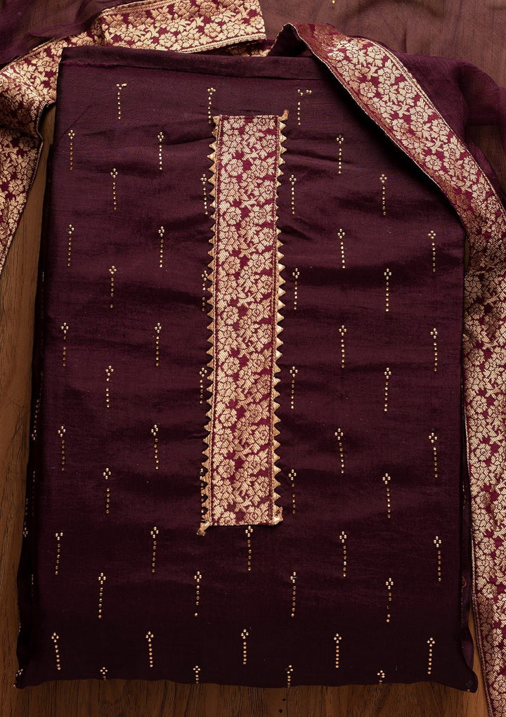 Wine Swarovski Satin Designer Unstitched Salwar Suit - koskii