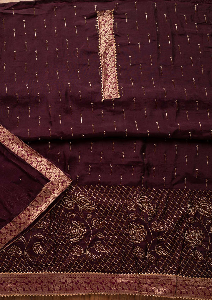 Wine Swarovski Satin Designer Unstitched Salwar Suit - koskii