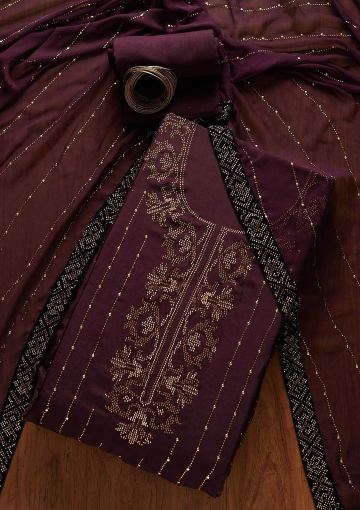 Wine Swarovski Semi Crepe Designer Unstitched Salwar Suit - koskii