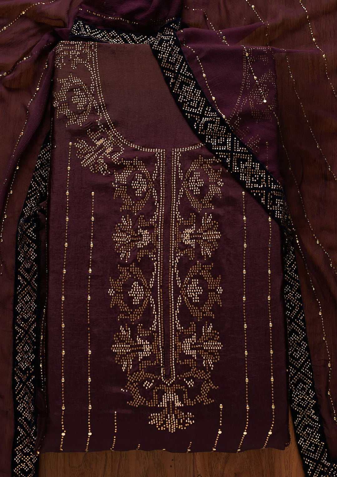 Wine Swarovski Semi Crepe Designer Unstitched Salwar Suit - koskii
