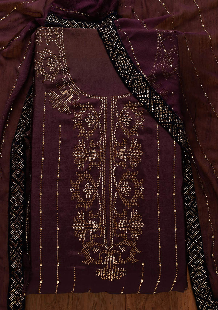 Wine Swarovski Semi Crepe Designer Unstitched Salwar Suit - koskii