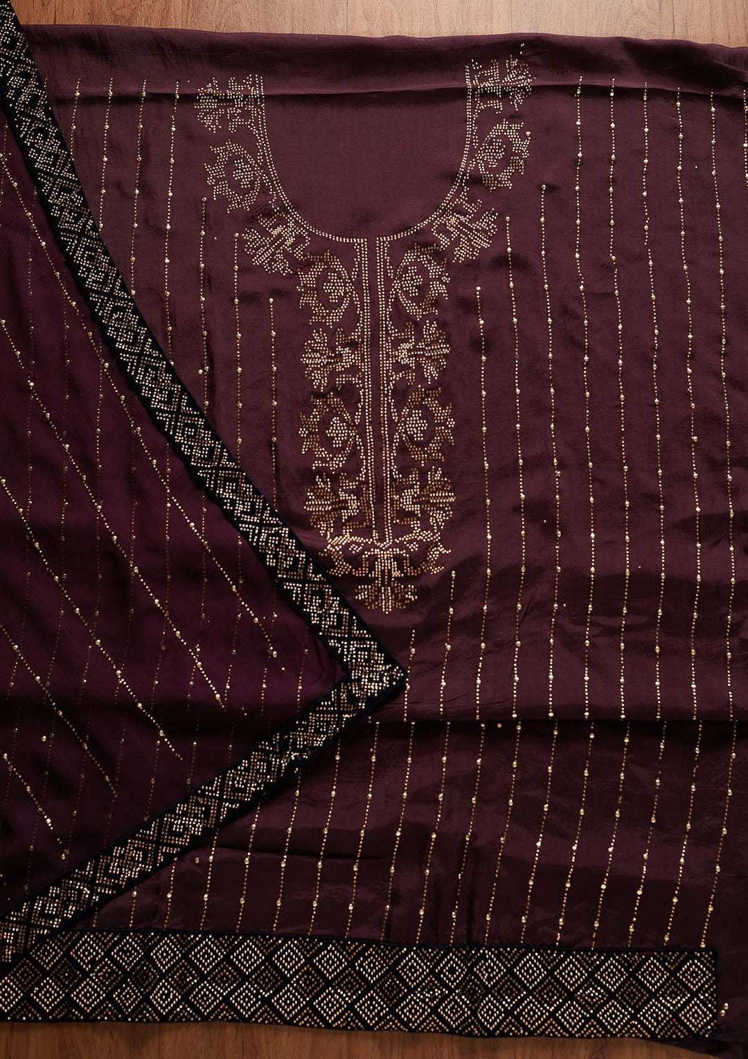 Wine Swarovski Semi Crepe Designer Unstitched Salwar Suit - koskii
