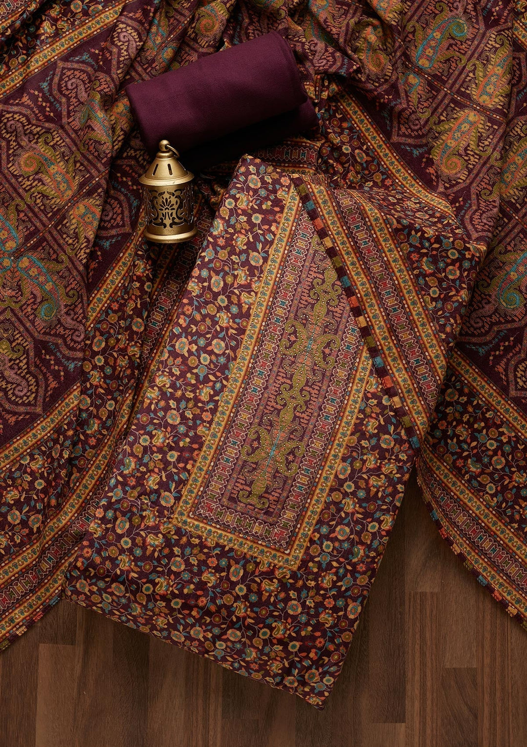 Wine Swarovski Velvet Unstitched Salwar Suit- Koskii