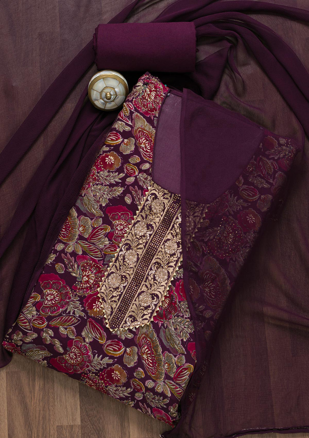 Wine Semi Crepe Swarovski Unstitched Salwar Suit-koskii