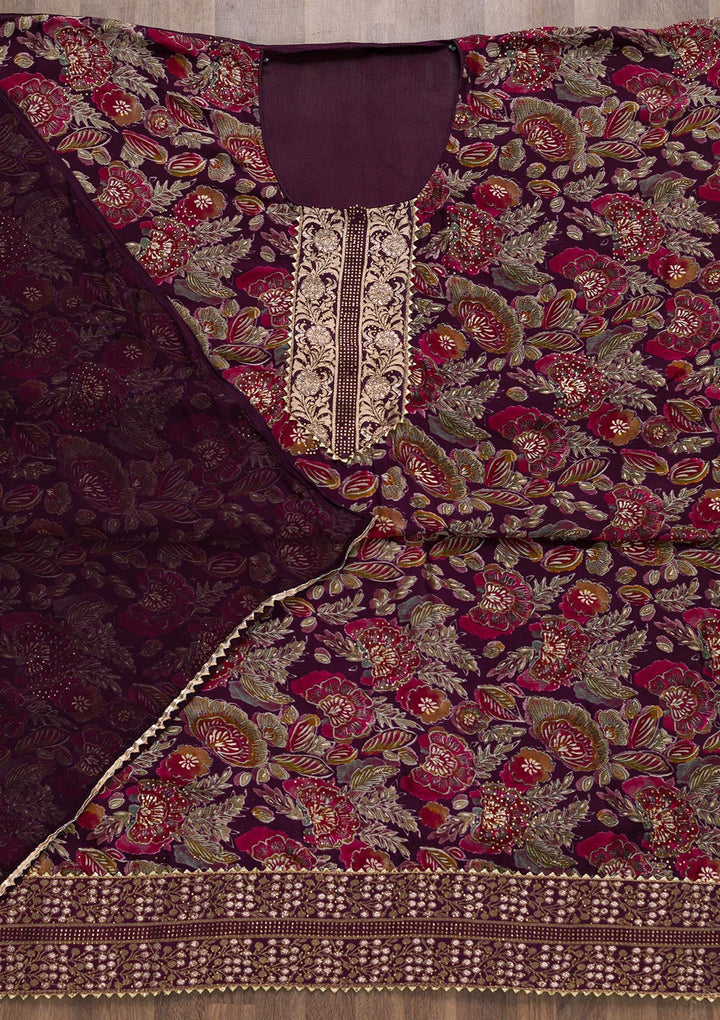 Wine Semi Crepe Swarovski Unstitched Salwar Suit-koskii