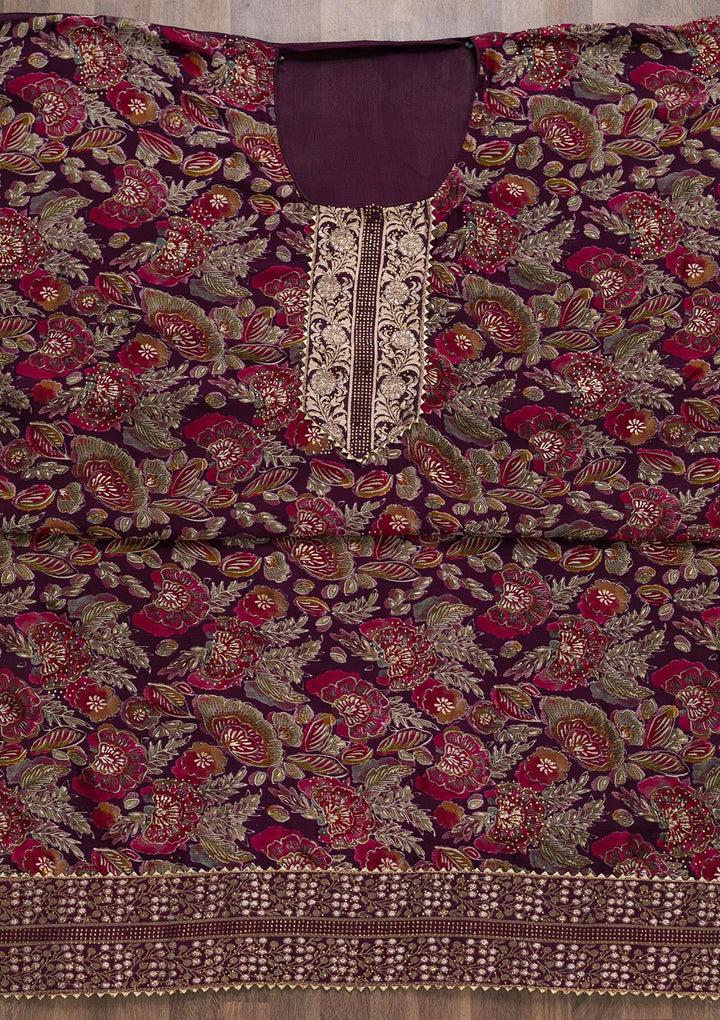 Wine Semi Crepe Swarovski Unstitched Salwar Suit-koskii