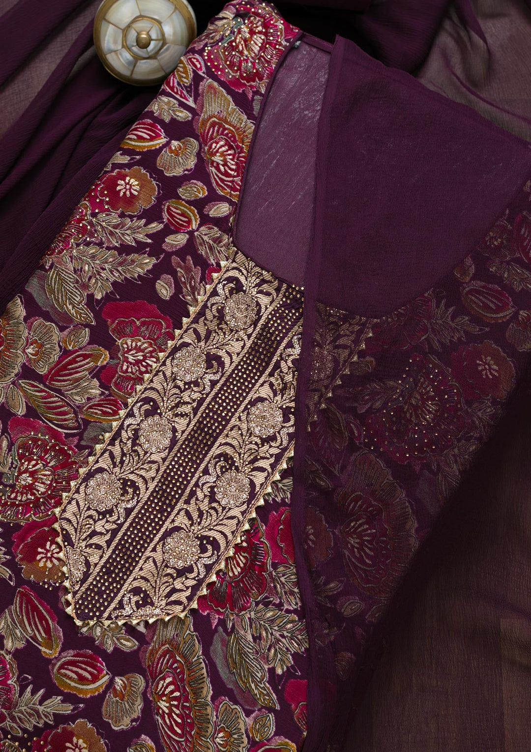 Wine Semi Crepe Swarovski Unstitched Salwar Suit-koskii