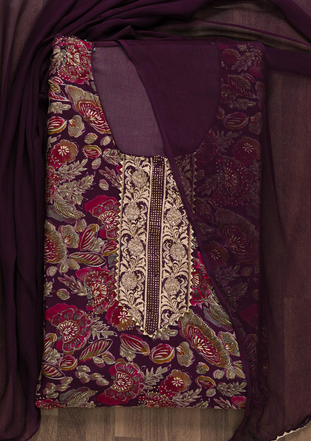 Wine Semi Crepe Swarovski Unstitched Salwar Suit-koskii