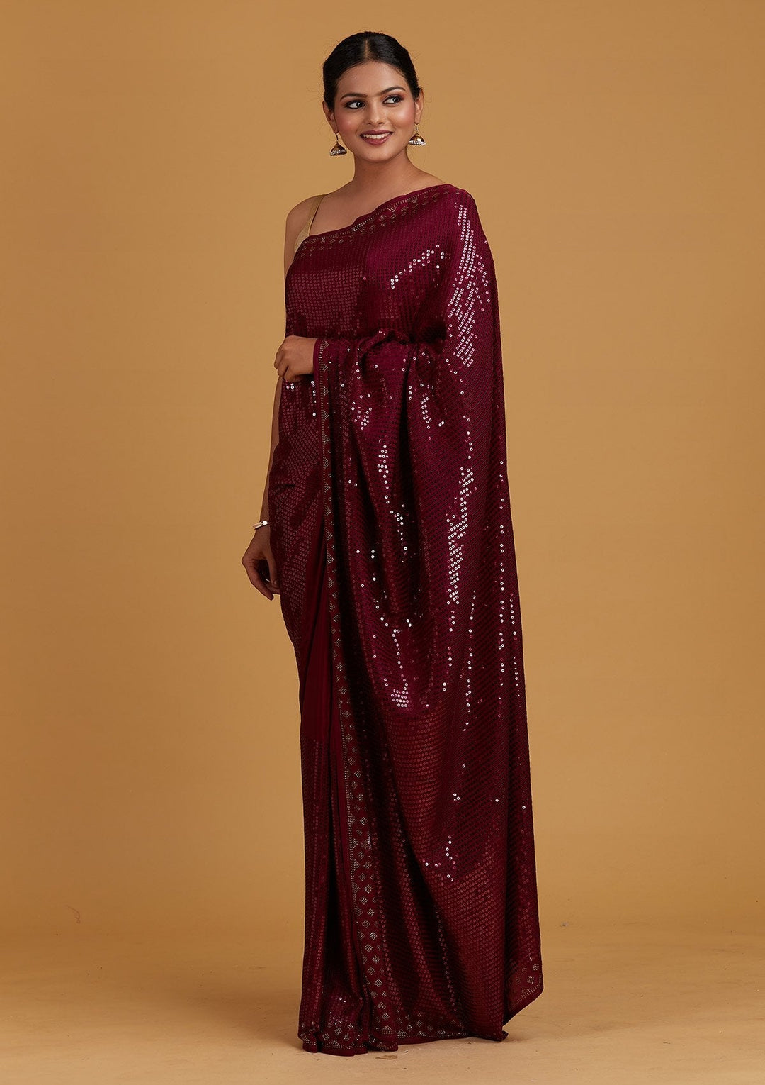 Wine Swarovski Semi Crepe Designer Saree - Koskii