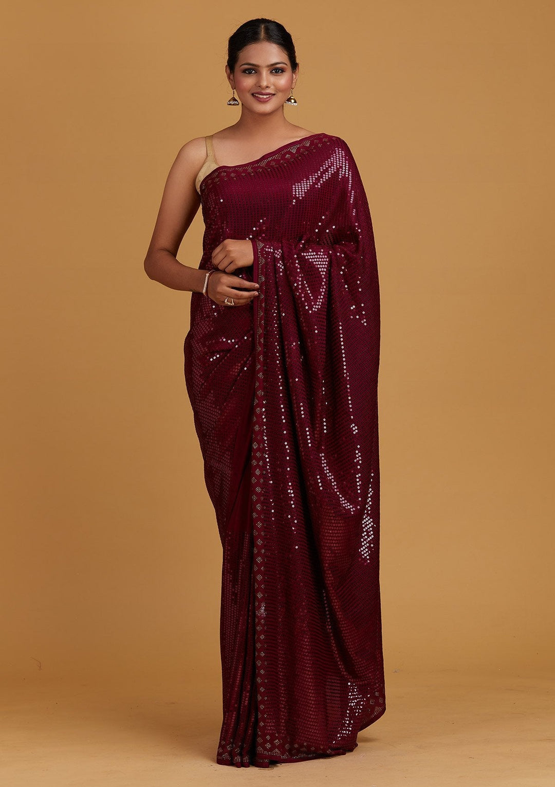 Wine Swarovski Semi Crepe Designer Saree - Koskii