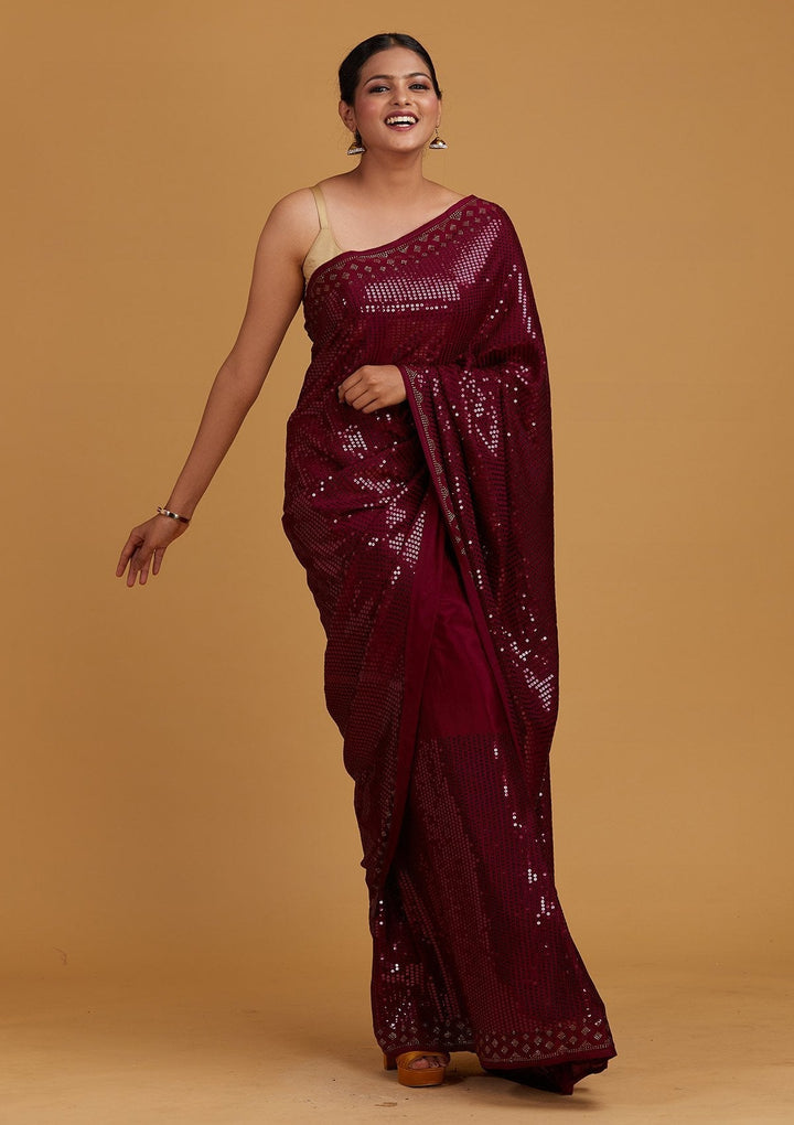 Wine Swarovski Semi Crepe Designer Saree - Koskii