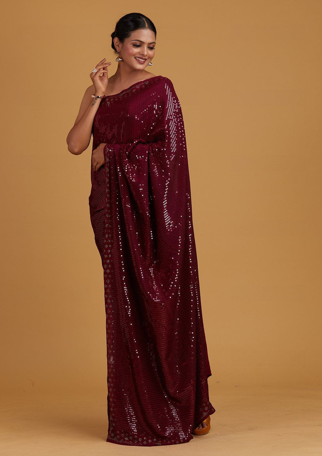 Wine Swarovski Semi Crepe Designer Saree - Koskii