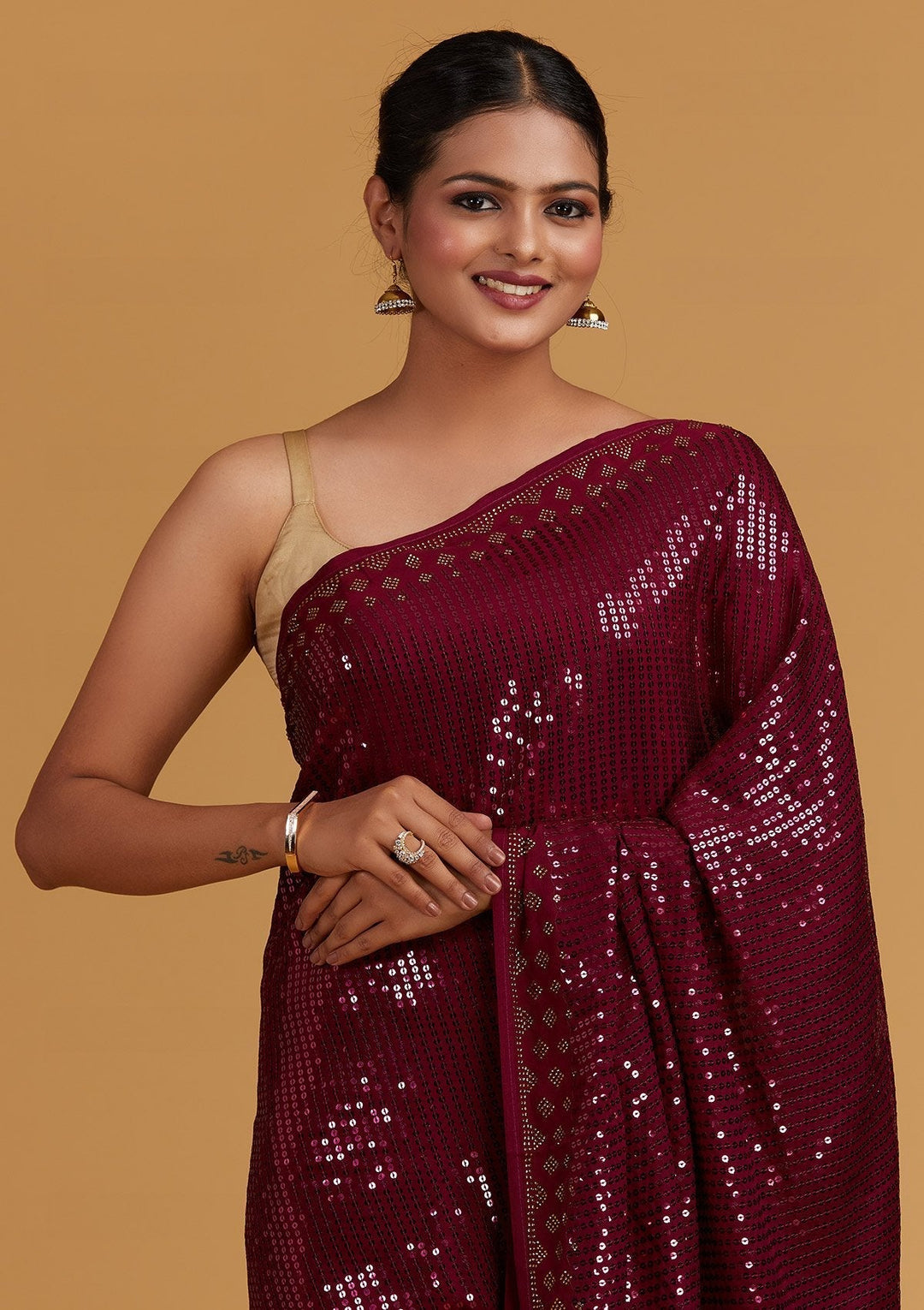 Wine Swarovski Semi Crepe Designer Saree - Koskii