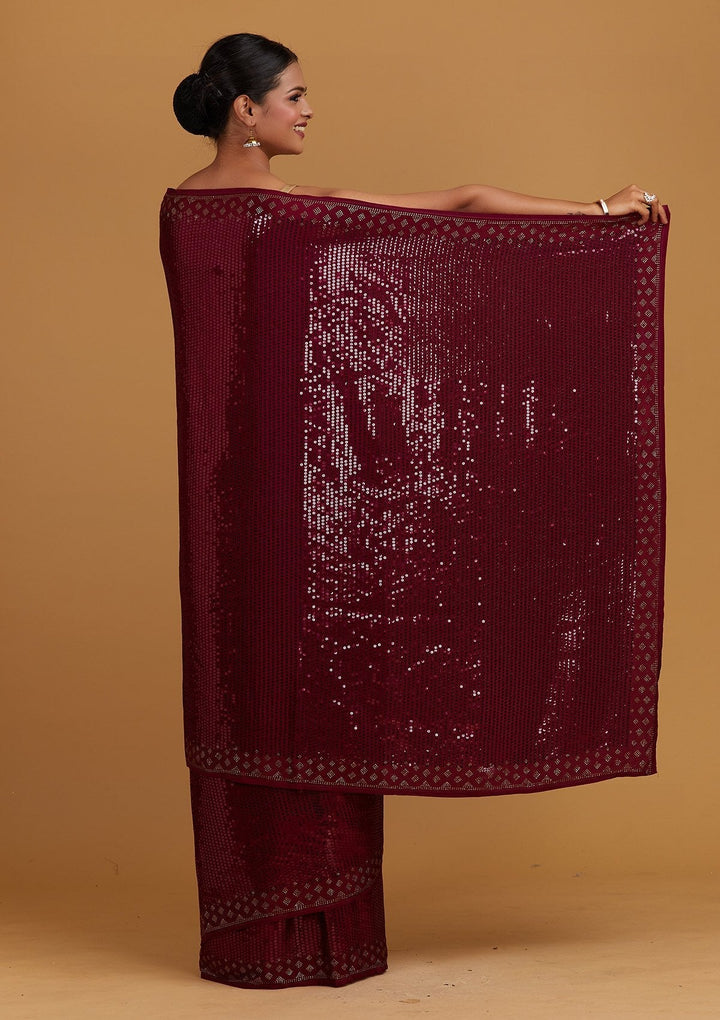 Wine Swarovski Semi Crepe Designer Saree - Koskii