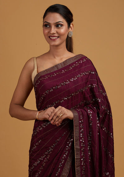 Wine Swarovski Semi Crepe Designer Saree - Koskii