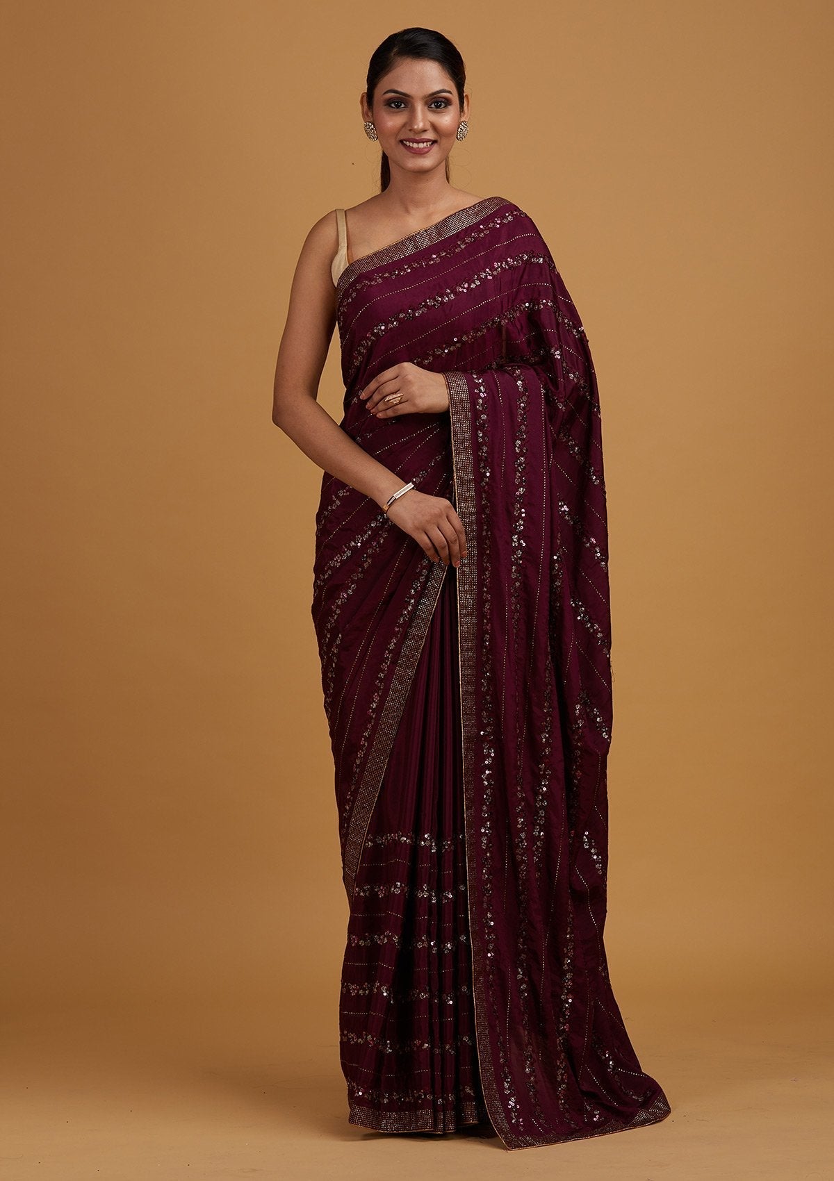 Wine Swarovski Semi Crepe Designer Saree - Koskii