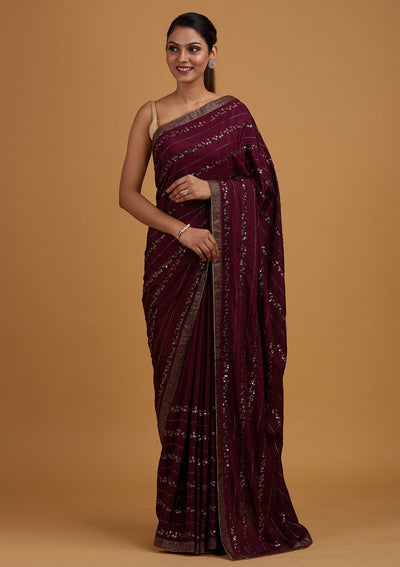 Wine Swarovski Semi Crepe Designer Saree - Koskii