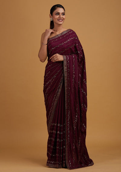 Wine Swarovski Semi Crepe Designer Saree - Koskii