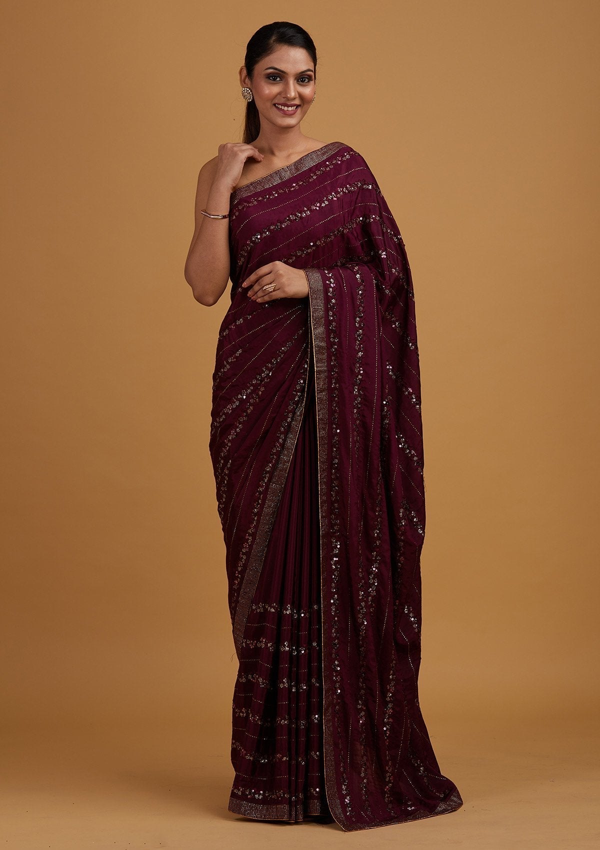 Wine Swarovski Semi Crepe Designer Saree - Koskii