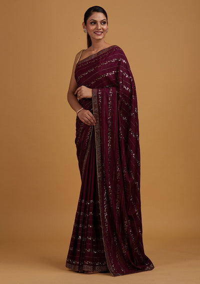 Wine Swarovski Semi Crepe Designer Saree - Koskii