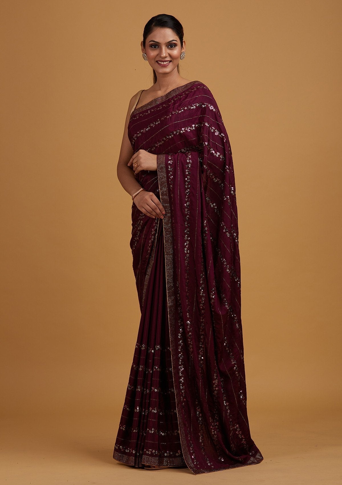 Wine Swarovski Semi Crepe Designer Saree - Koskii