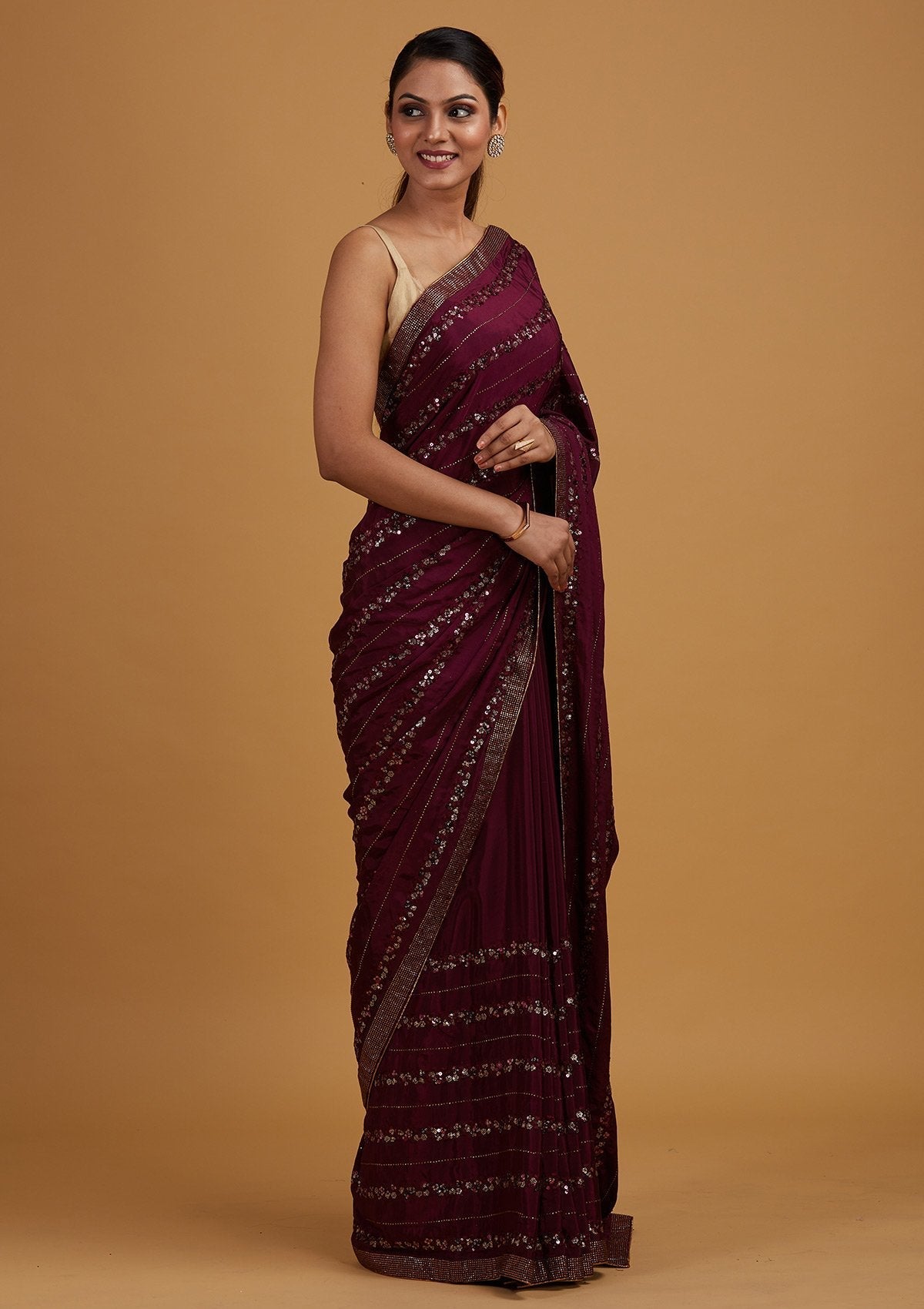 Wine Swarovski Semi Crepe Designer Saree - Koskii