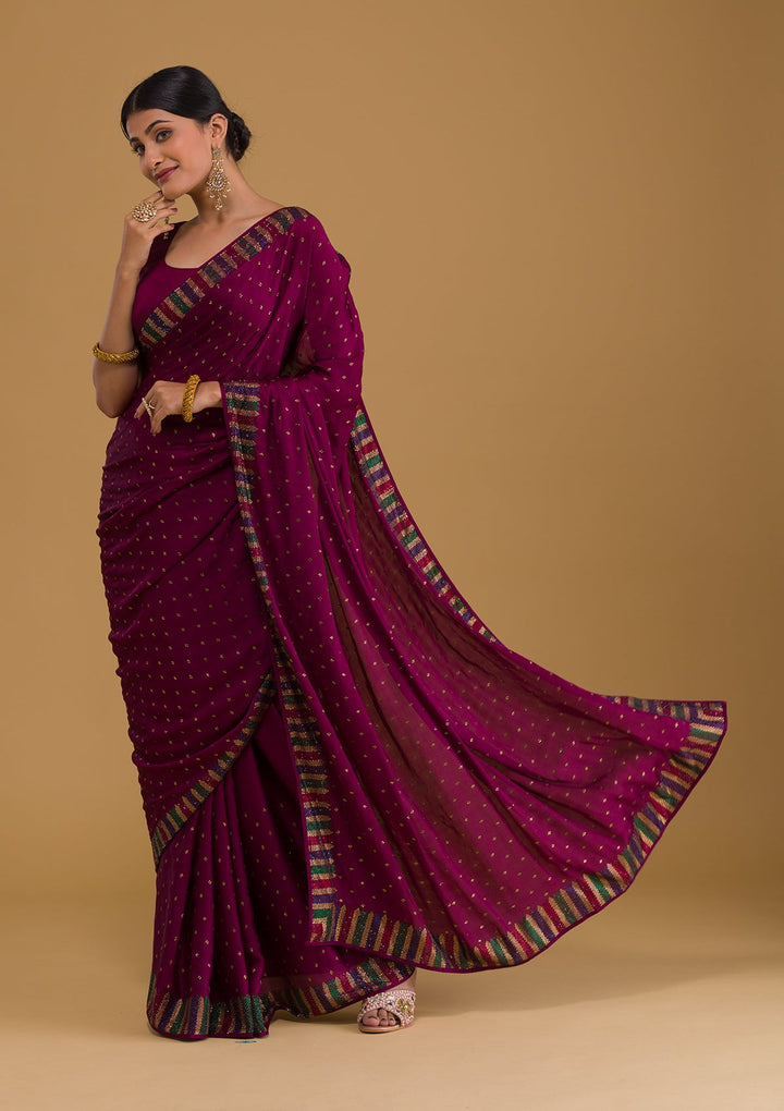 Wine Swarovski Semi Crepe Designer Saree-Koskii