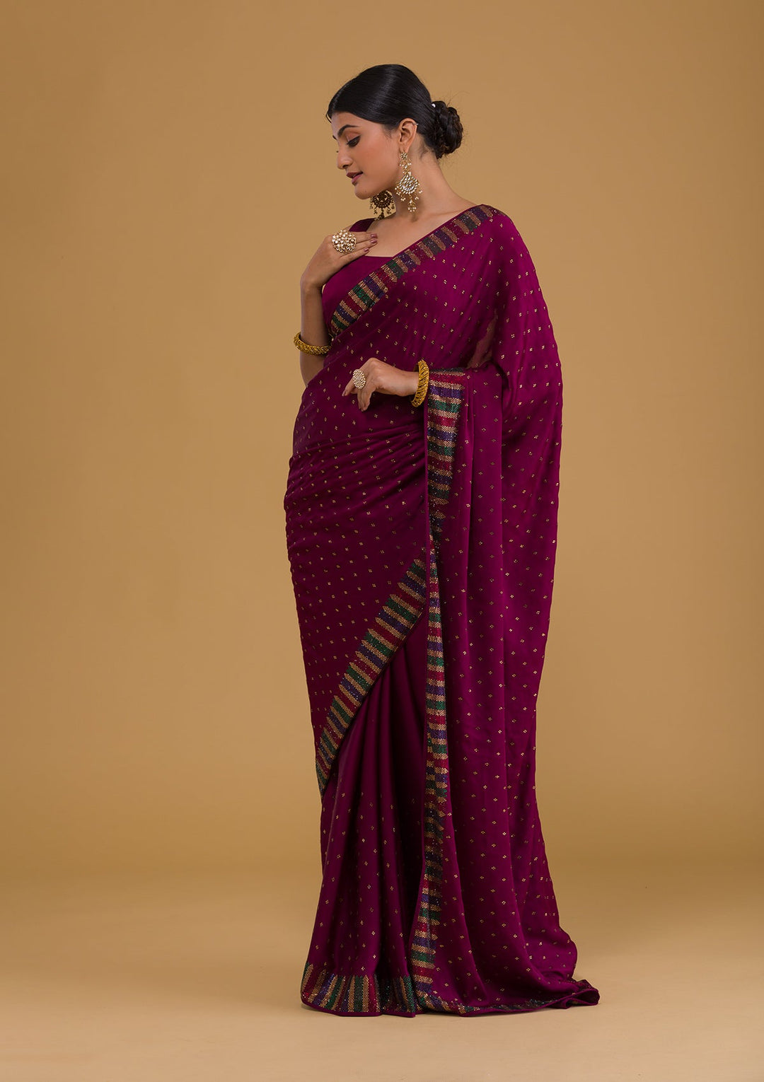 Wine Swarovski Semi Crepe Designer Saree-Koskii