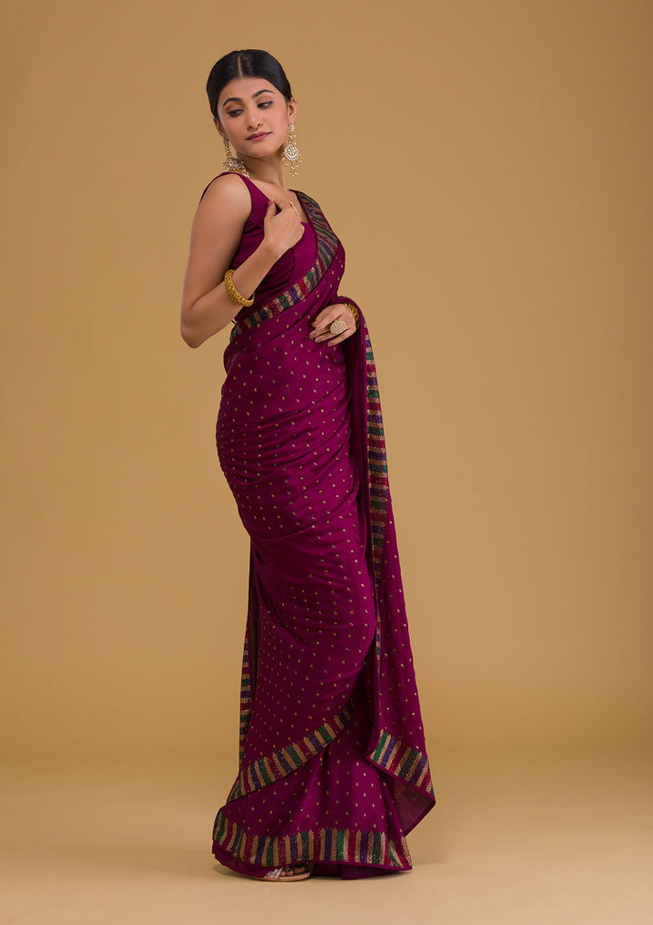 Wine Swarovski Semi Crepe Designer Saree-Koskii