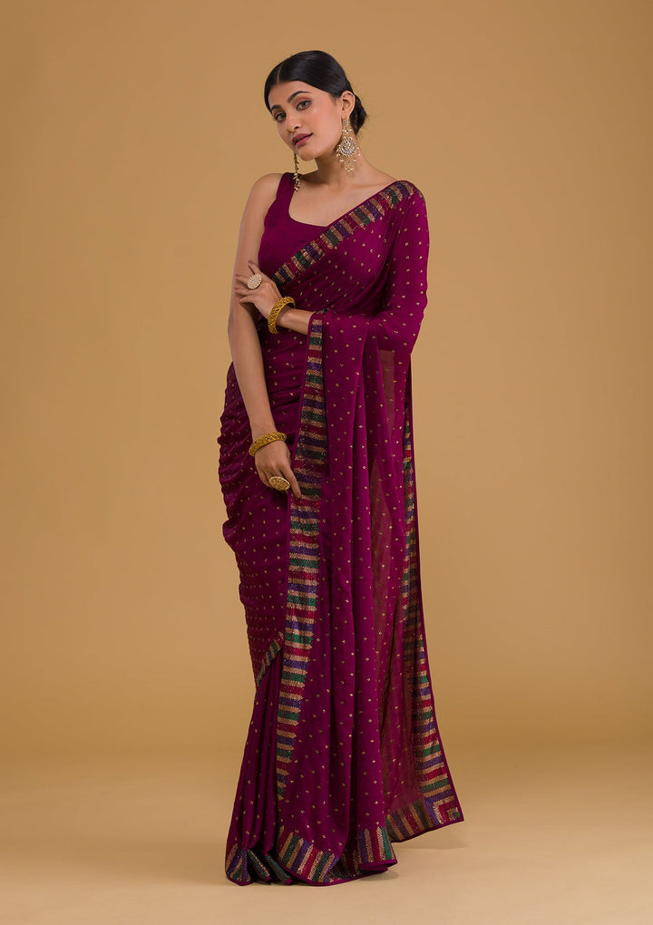 Wine Swarovski Semi Crepe Designer Saree-Koskii