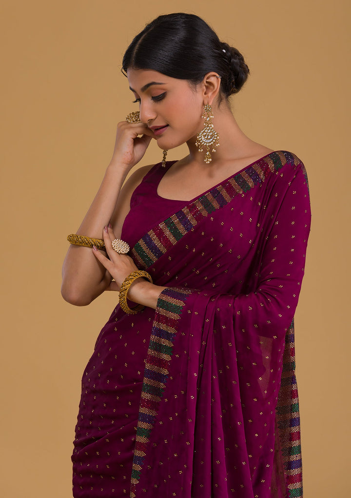 Wine Swarovski Semi Crepe Designer Saree-Koskii