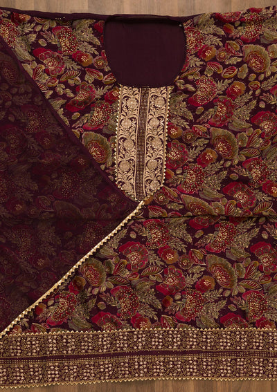 Wine Swarovski Semi Crepe Unstitched Salwar Kameez-Koskii