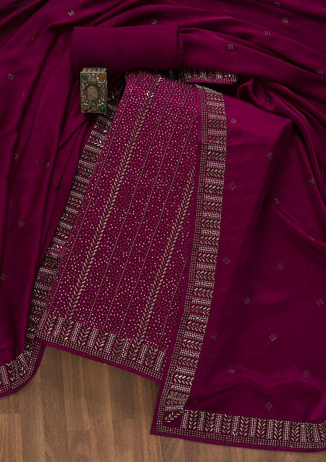 Wine Swarovski Semi Crepe Unstitched Salwar Kameez-Koskii
