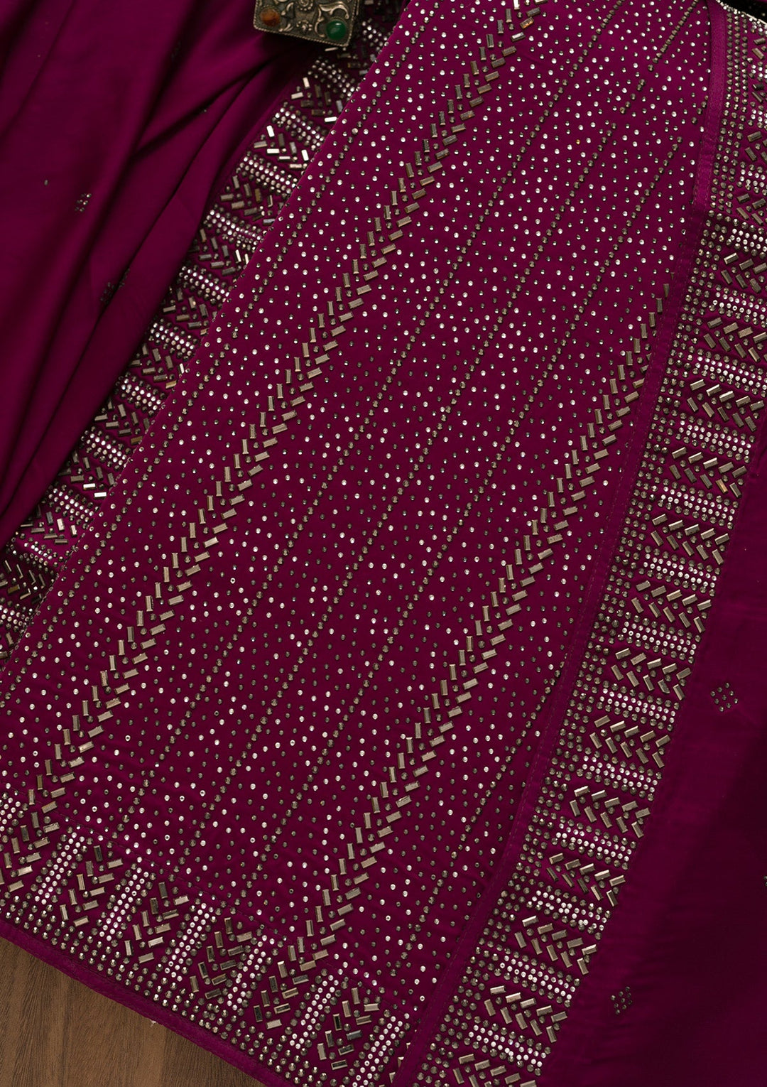 Wine Swarovski Semi Crepe Unstitched Salwar Kameez-Koskii