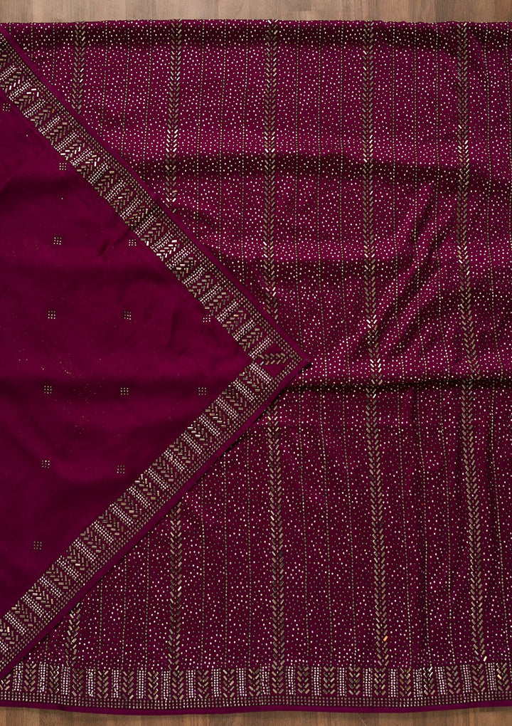 Wine Swarovski Semi Crepe Unstitched Salwar Kameez-Koskii