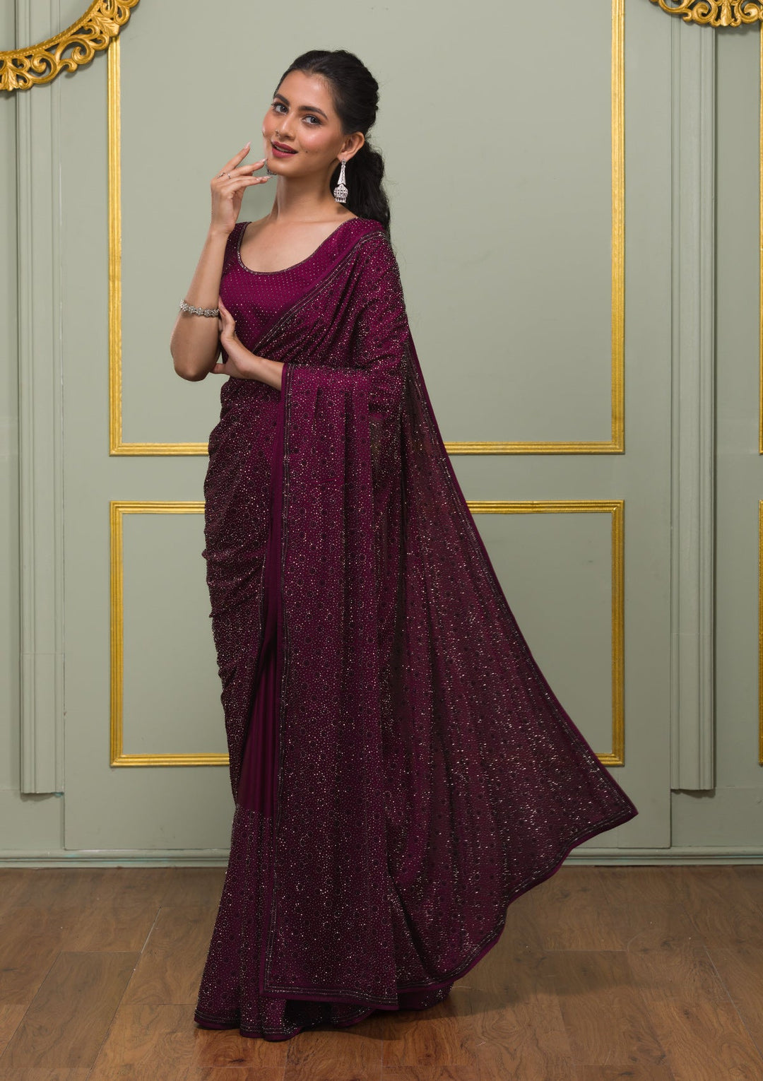 Wine Swarovski Semi Crepe Saree-Koskii