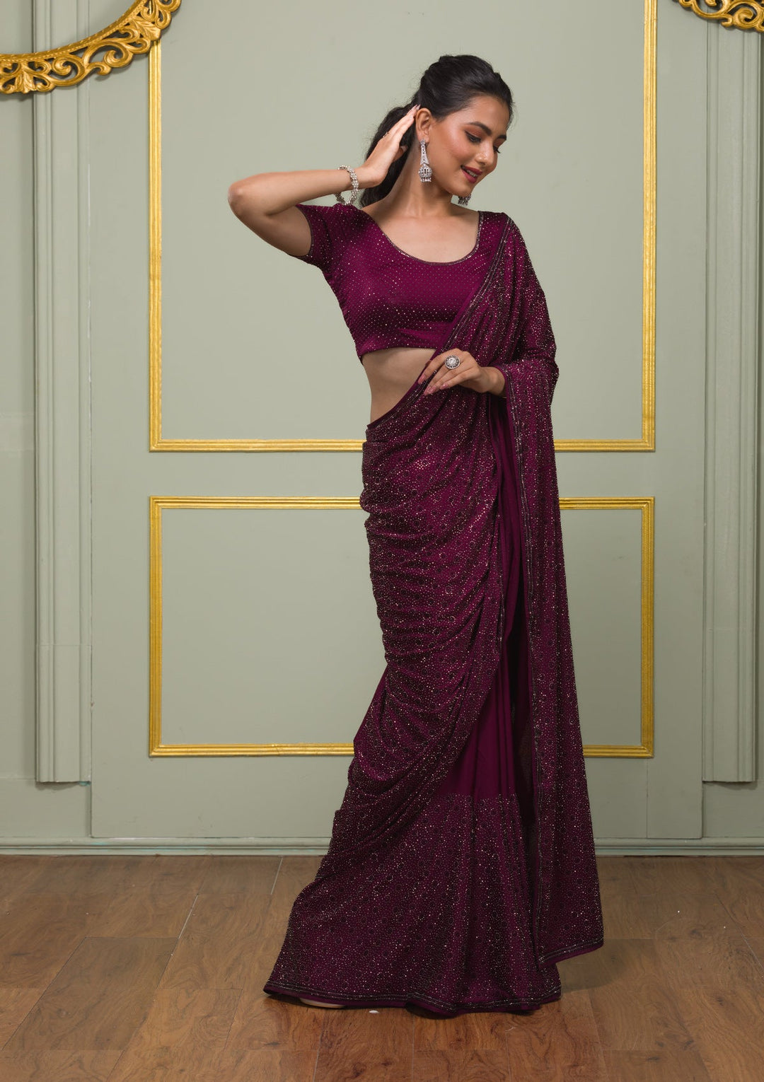 Wine Swarovski Semi Crepe Saree-Koskii