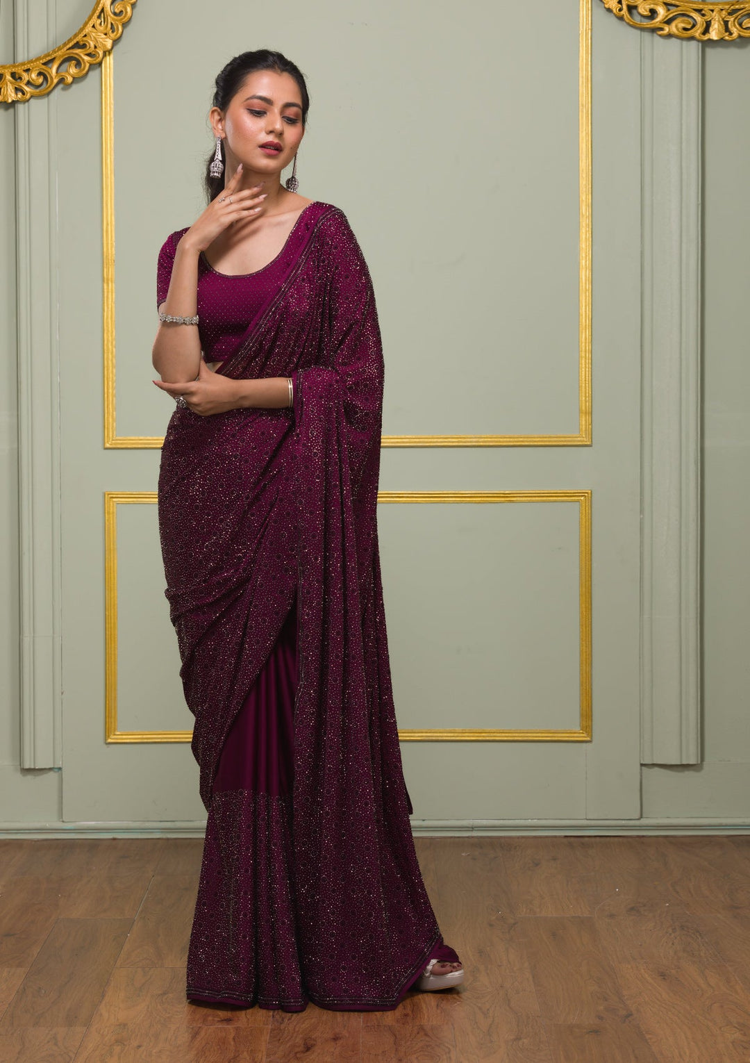 Wine Swarovski Semi Crepe Saree-Koskii