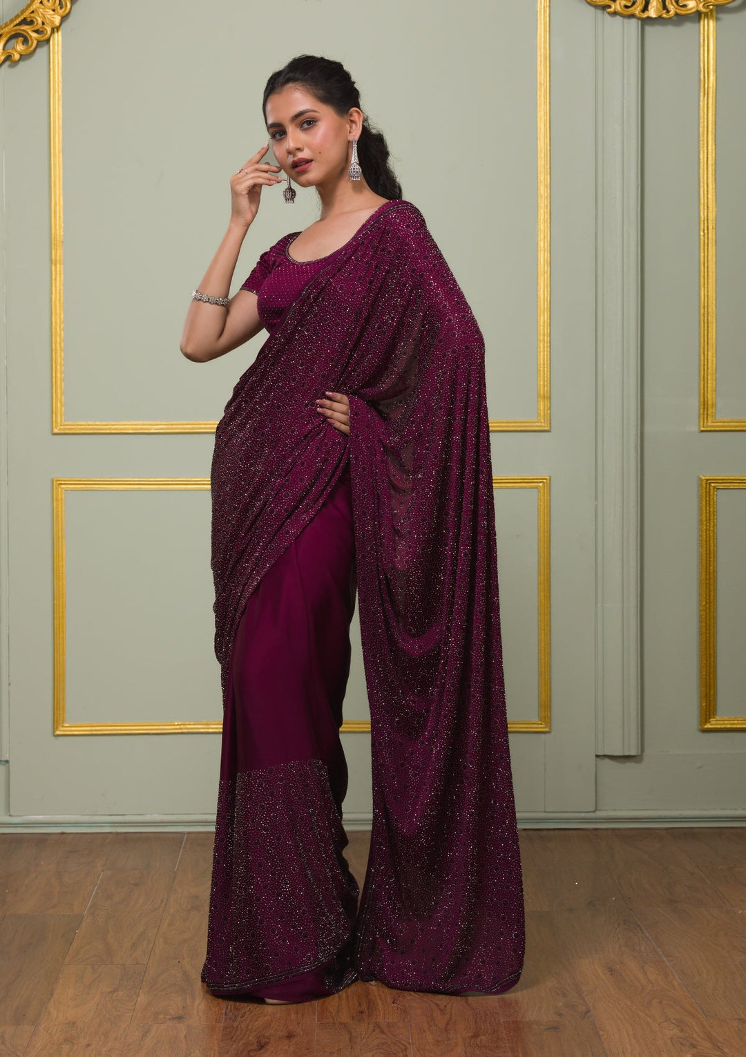 Wine Swarovski Semi Crepe Saree-Koskii