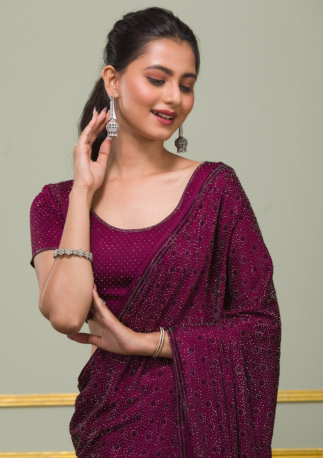 Wine Swarovski Semi Crepe Saree-Koskii