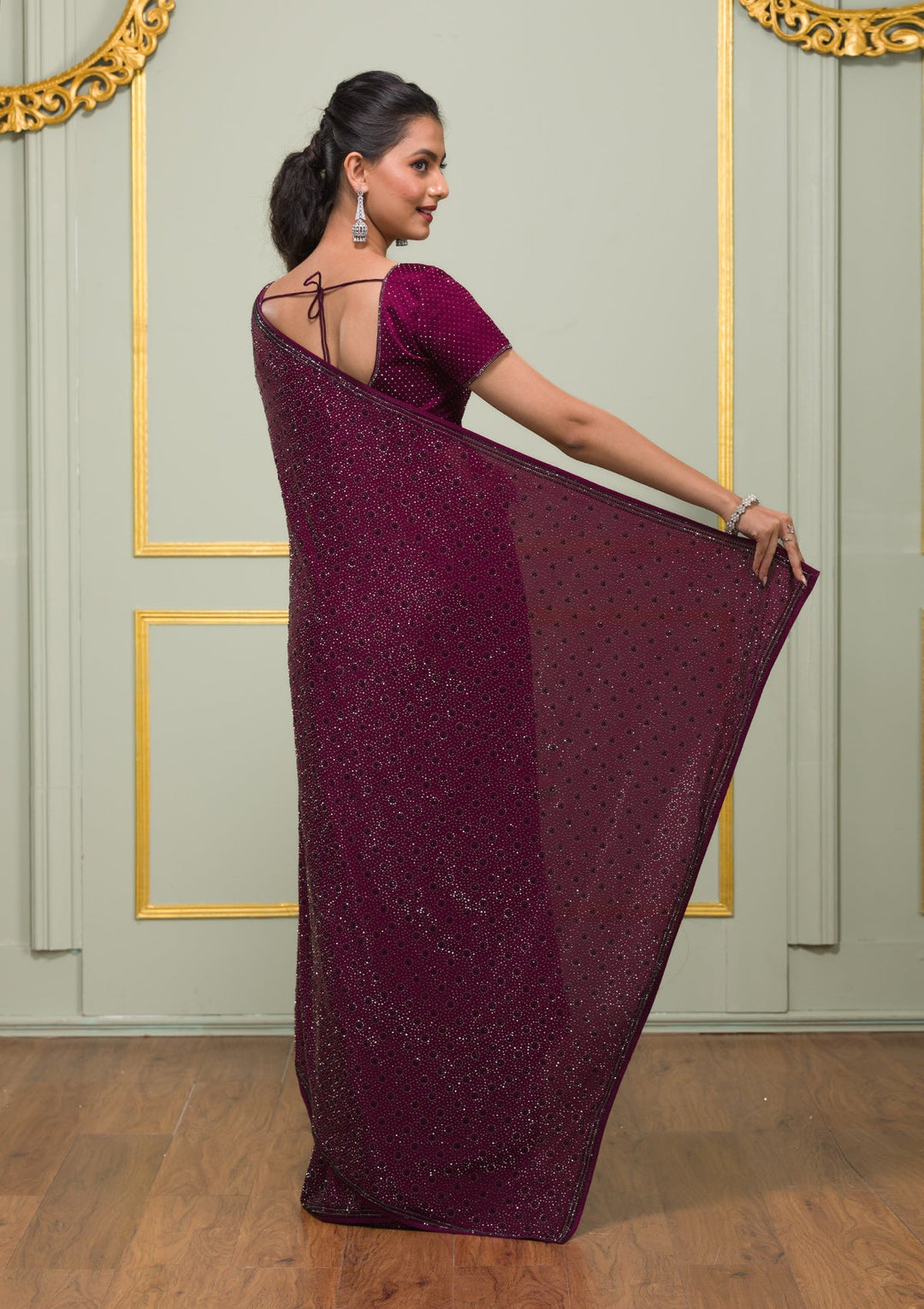 Wine Swarovski Semi Crepe Saree-Koskii