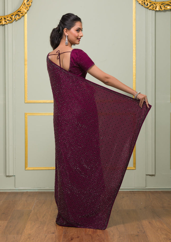 Wine Swarovski Semi Crepe Saree-Koskii