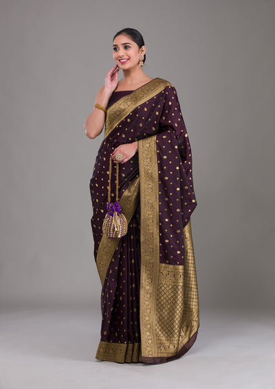 Wine Swarovski Silk Satin Saree-Koskii