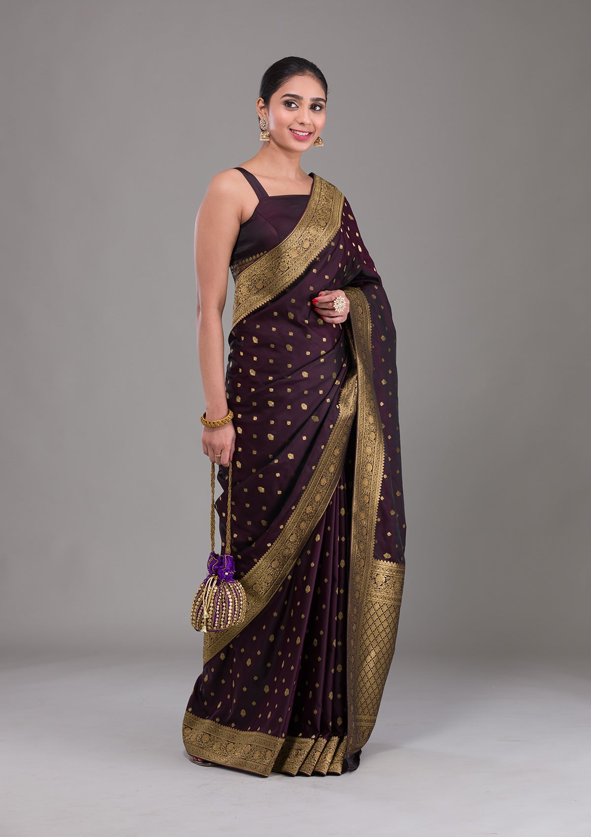 Wine Swarovski Silk Satin Saree-Koskii