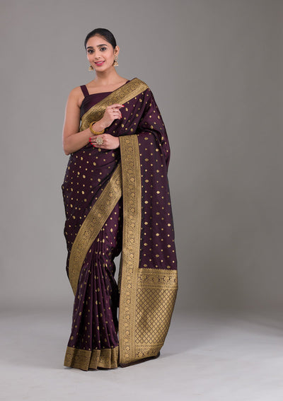 Wine Swarovski Silk Satin Saree-Koskii