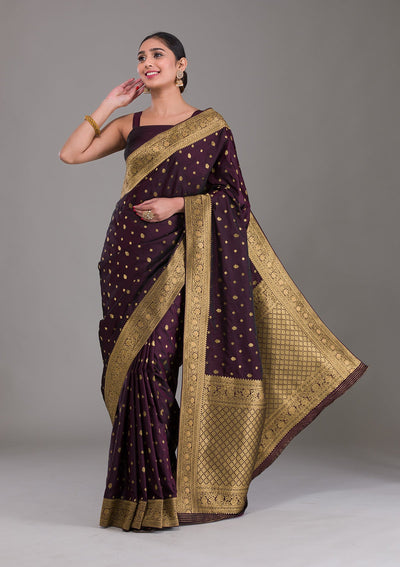 Wine Swarovski Silk Satin Saree-Koskii